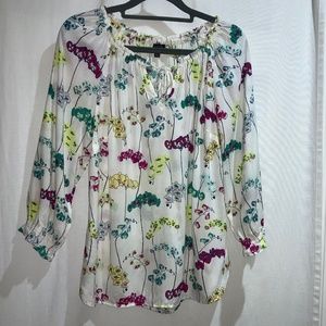 Talbots blouse Sz P floral ruffle & tie front neck detail